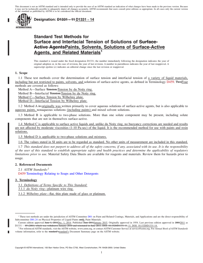 REDLINE ASTM D1331-14 - Standard Test Methods for Surface and Interfacial Tension of Solutions of Paints, Solvents,  Solutions of Surface-Active  Agents, and Related Materials