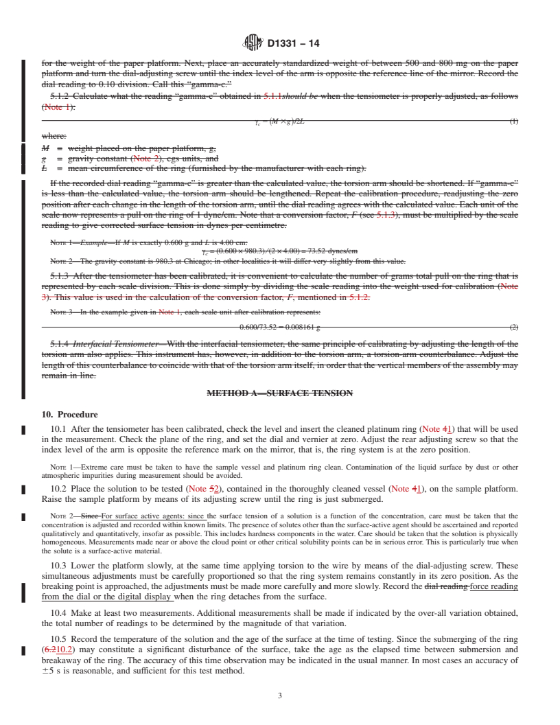 REDLINE ASTM D1331-14 - Standard Test Methods for Surface and Interfacial Tension of Solutions of Paints, Solvents,  Solutions of Surface-Active  Agents, and Related Materials