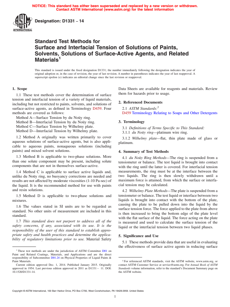 ASTM D1331-14 - Standard Test Methods for Surface and Interfacial Tension of Solutions of Paints, Solvents,  Solutions of Surface-Active  Agents, and Related Materials