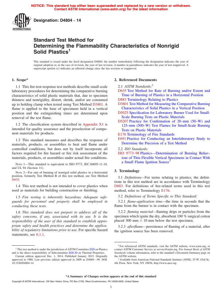 ASTM D4804-14 - Standard Test Method for  Determining the Flammability Characteristics of Nonrigid Solid  Plastics