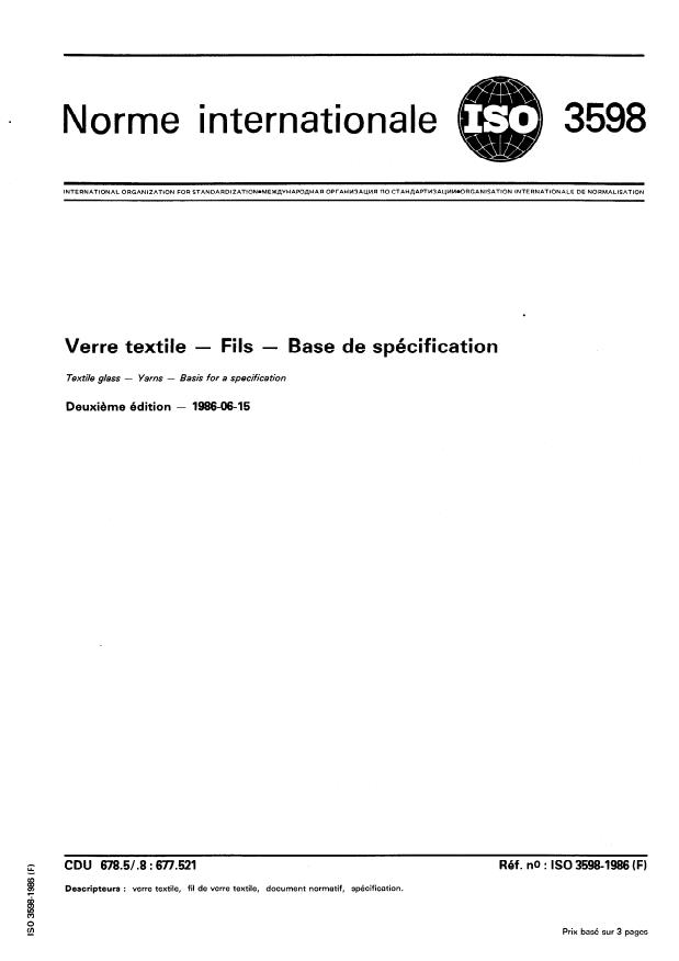 ISO 3598:1986 - Verre textile -- Fils -- Base de spécification