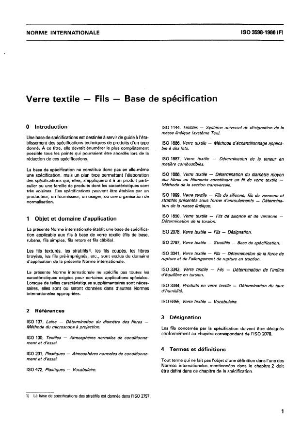 ISO 3598:1986 - Verre textile -- Fils -- Base de spécification