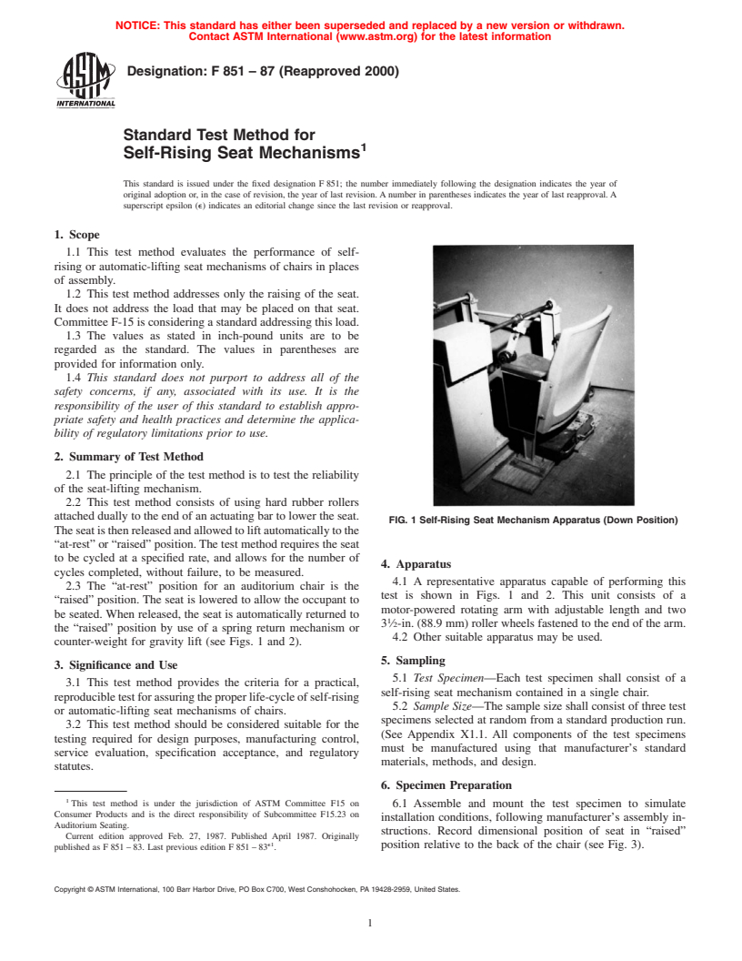 ASTM F851-87(2000) - Standard Test Method for Self-Rising Seat Mechanisms