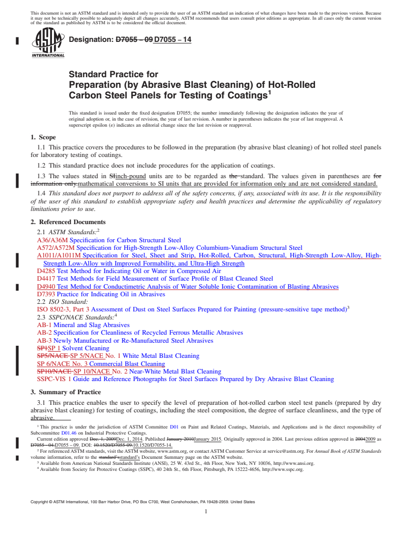 REDLINE ASTM D7055-14 - Standard Practice for  Preparation (by Abrasive Blast Cleaning) of Hot-Rolled Carbon   Steel Panels for Testing of Coatings