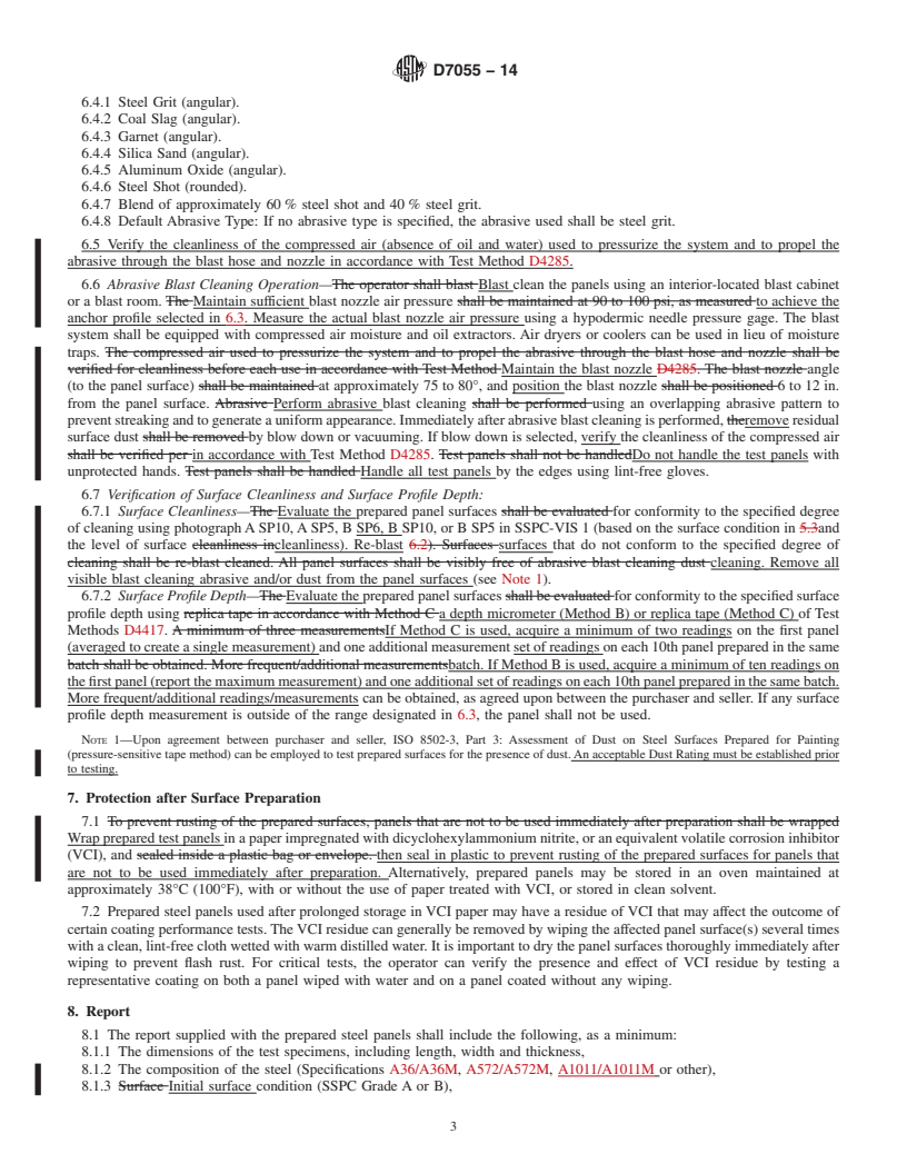 REDLINE ASTM D7055-14 - Standard Practice for  Preparation (by Abrasive Blast Cleaning) of Hot-Rolled Carbon   Steel Panels for Testing of Coatings