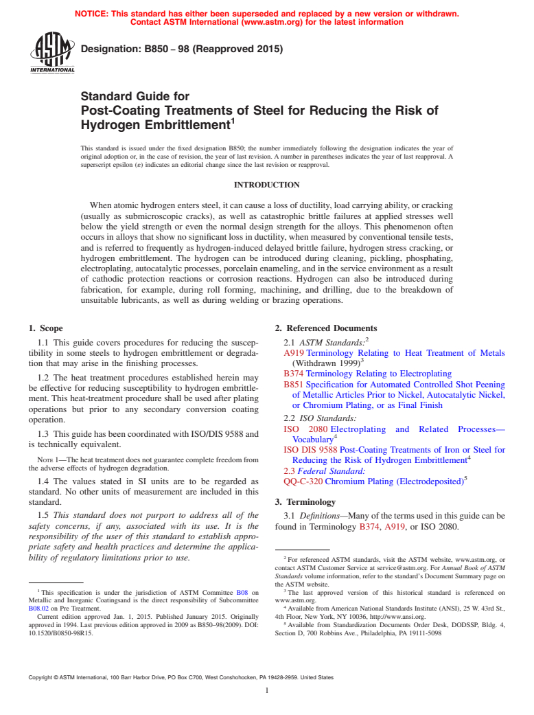 ASTM B850-98(2015) - Standard Guide for  Post-Coating Treatments of Steel for Reducing the Risk of Hydrogen   Embrittlement