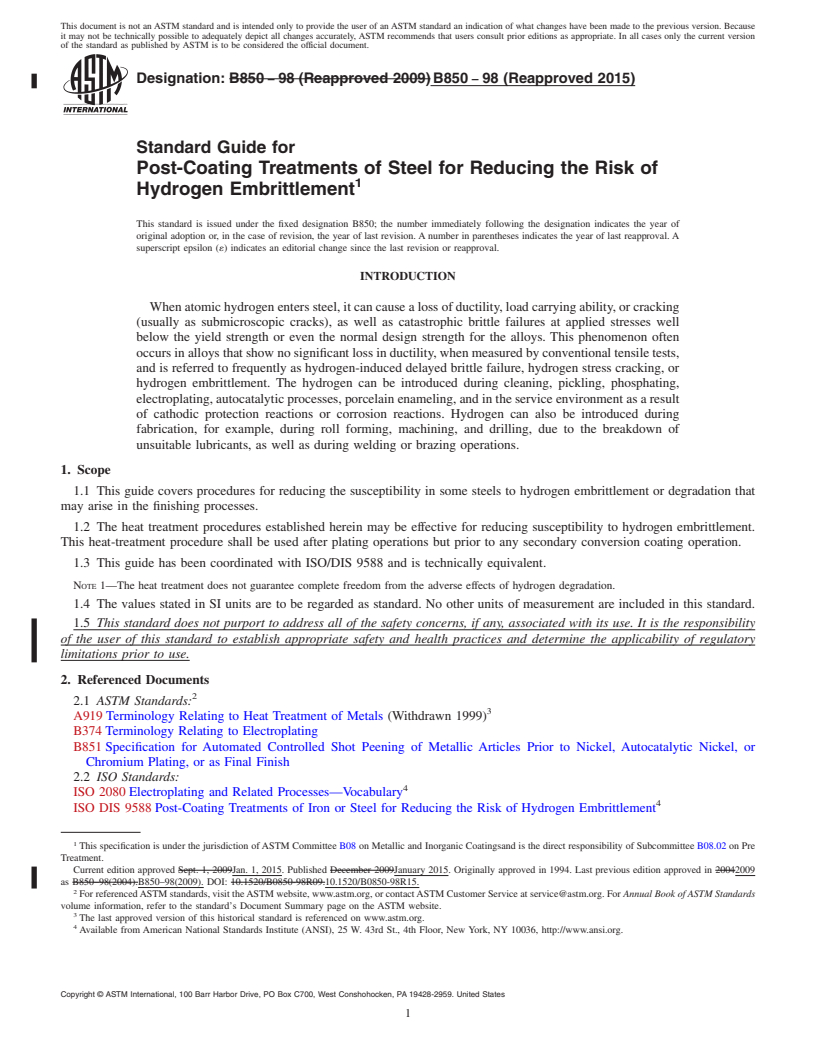 REDLINE ASTM B850-98(2015) - Standard Guide for  Post-Coating Treatments of Steel for Reducing the Risk of Hydrogen   Embrittlement