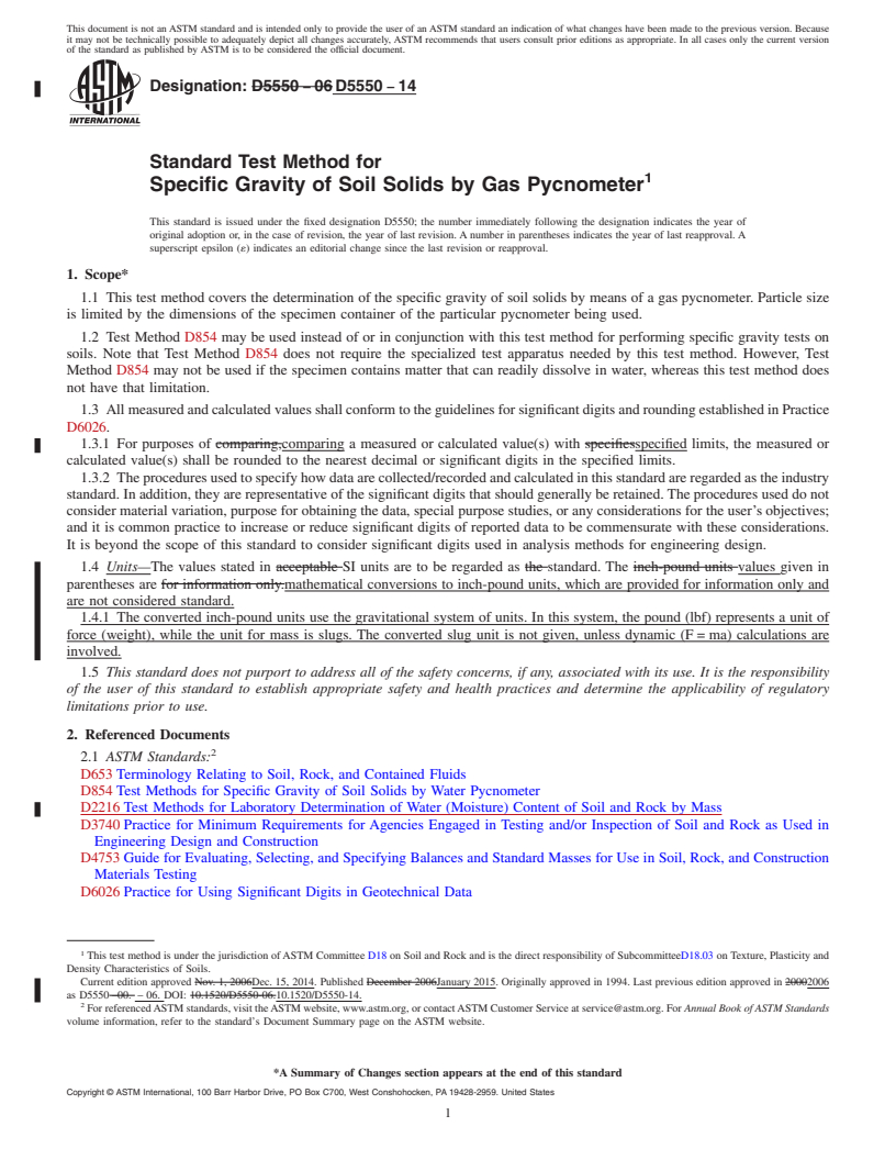 REDLINE ASTM D5550-14 - Standard Test Method for  Specific Gravity of Soil Solids by Gas Pycnometer