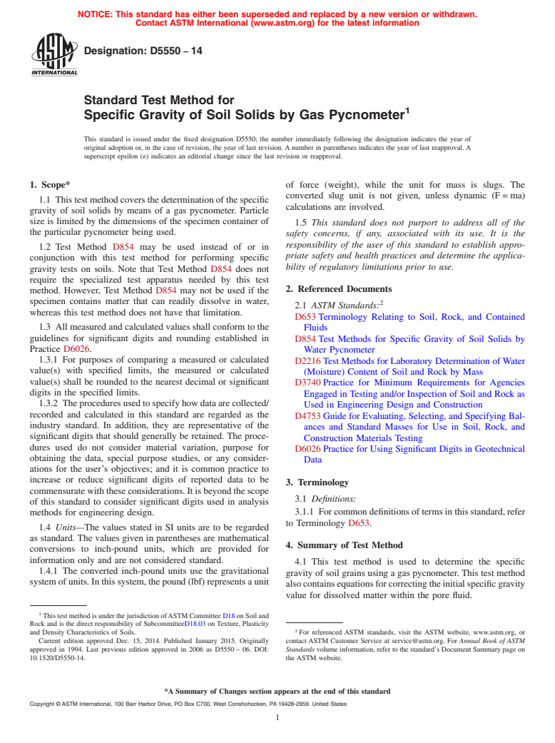 ASTM D5550-14 - Standard Test Method for  Specific Gravity of Soil Solids by Gas Pycnometer