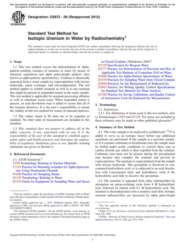 ASTM D3972-09(2015) - Standard Test Method for  Isotopic Uranium in Water by Radiochemistry