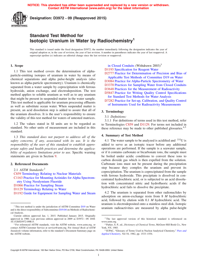 ASTM D3972-09(2015) - Standard Test Method for  Isotopic Uranium in Water by Radiochemistry (Withdrawn 2024)