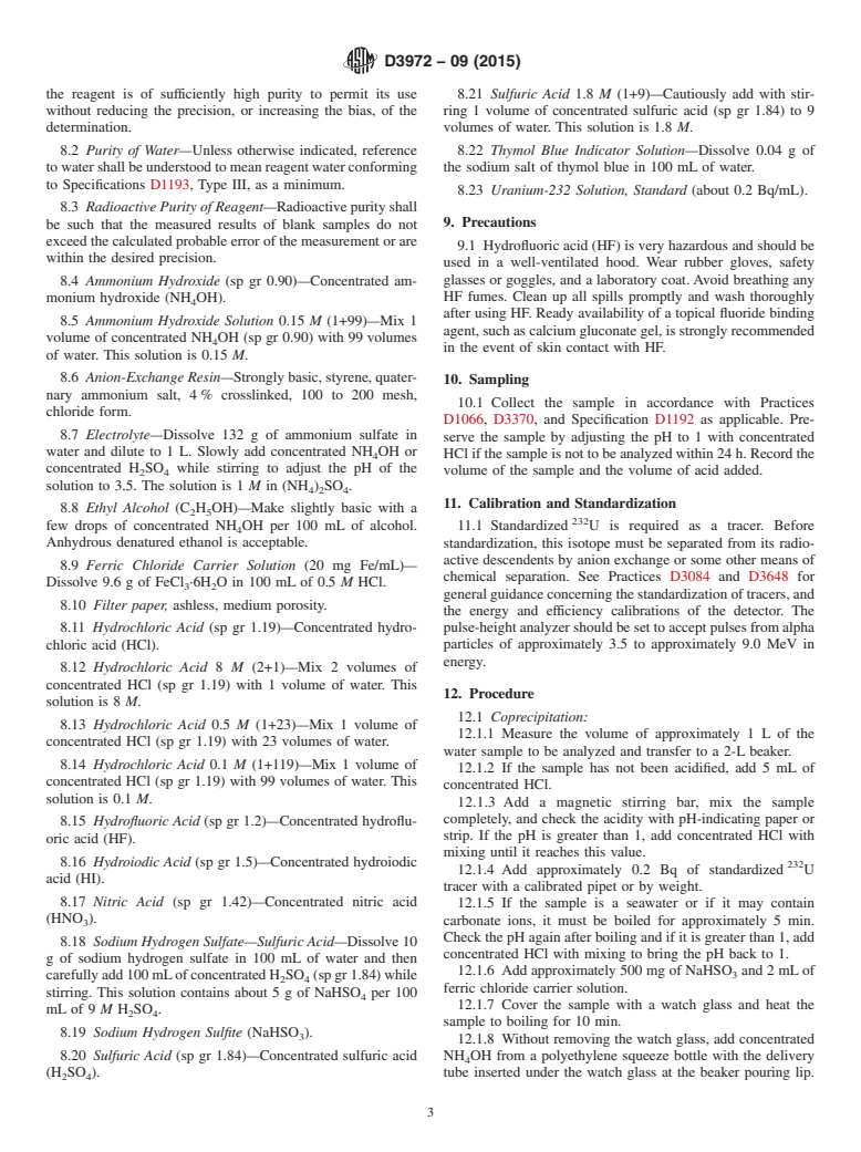 ASTM D3972-09(2015) - Standard Test Method for  Isotopic Uranium in Water by Radiochemistry (Withdrawn 2024)