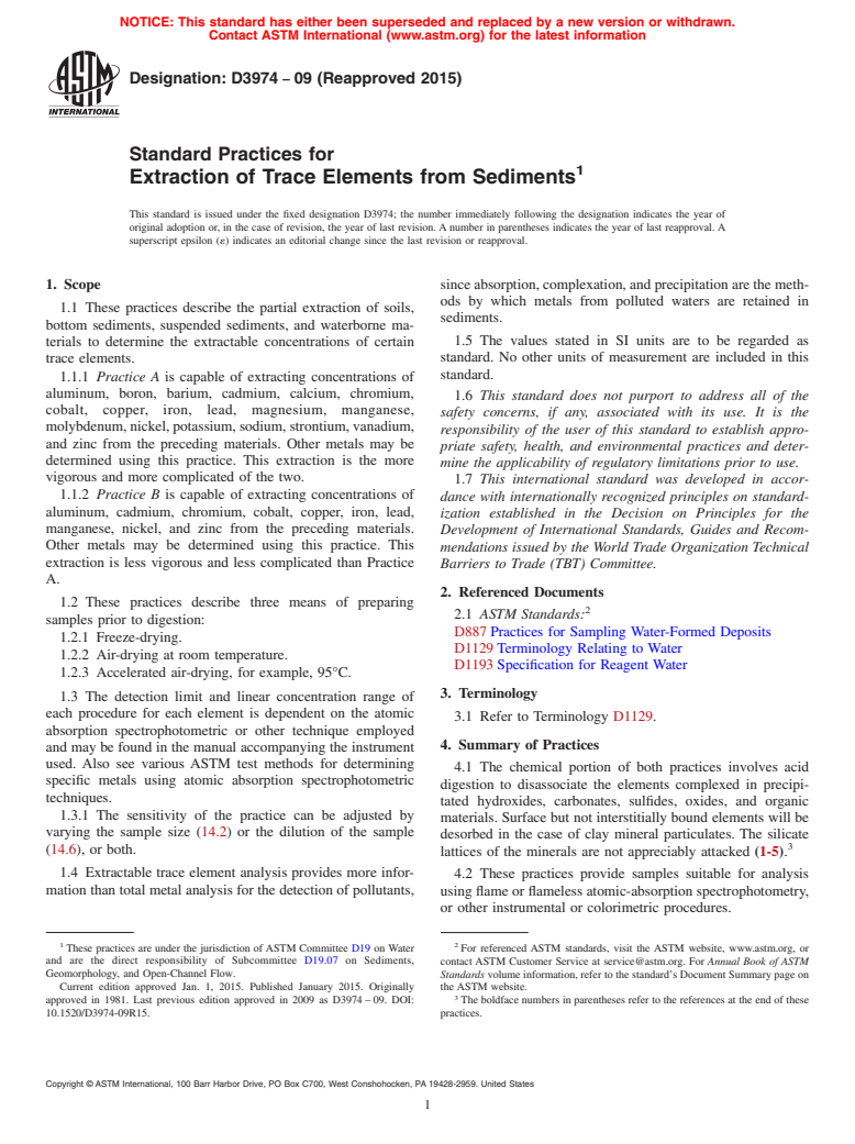 ASTM D3974-09(2015) - Standard Practices for  Extraction of Trace Elements from Sediments