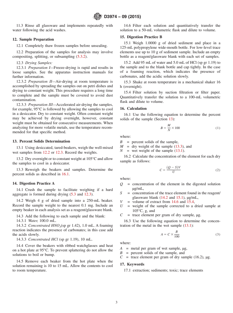 ASTM D3974-09(2015) - Standard Practices for  Extraction of Trace Elements from Sediments