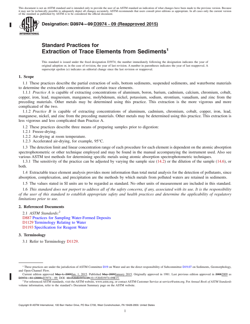 REDLINE ASTM D3974-09(2015) - Standard Practices for  Extraction of Trace Elements from Sediments