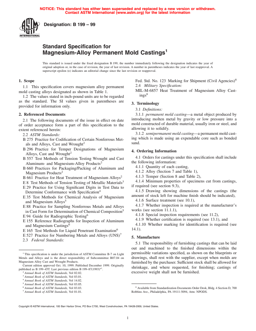 ASTM B199-99 - Standard Specification for Magnesium-Alloy Permanent Mold Castings