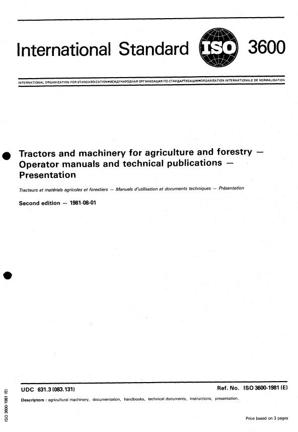 ISO 3600:1981 - Tractors and machinery for agriculture and forestry -- Operator manuals and technical publications -- Presentation