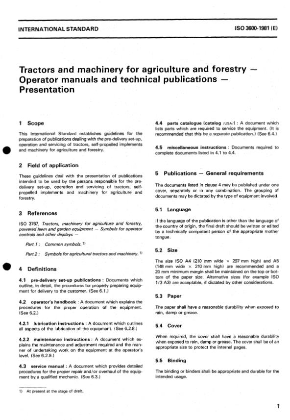 ISO 3600:1981 - Tractors and machinery for agriculture and forestry -- Operator manuals and technical publications -- Presentation