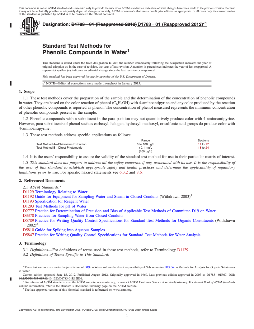 REDLINE ASTM D1783-01(2012)e1 - Standard Test Methods for  Phenolic Compounds in Water