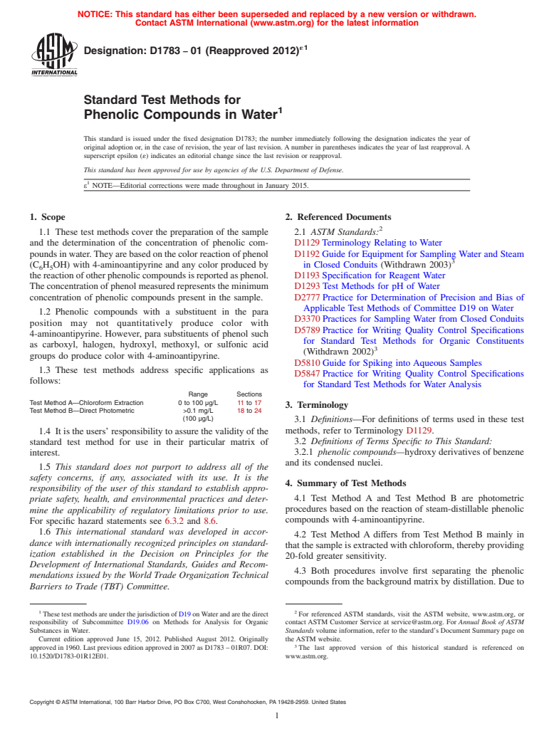 ASTM D1783-01(2012)e1 - Standard Test Methods for  Phenolic Compounds in Water