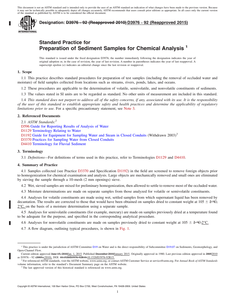 REDLINE ASTM D3976-92(2015) - Standard Practice for  Preparation of Sediment Samples for Chemical Analysis