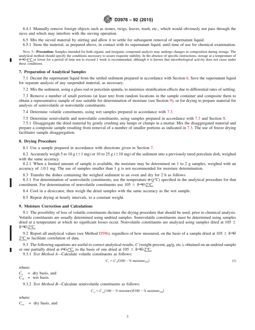 REDLINE ASTM D3976-92(2015) - Standard Practice for  Preparation of Sediment Samples for Chemical Analysis