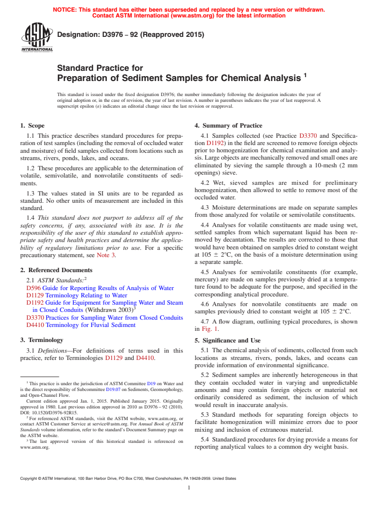 ASTM D3976-92(2015) - Standard Practice for  Preparation of Sediment Samples for Chemical Analysis