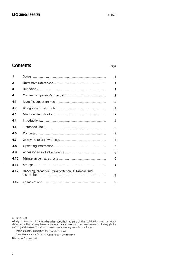 ISO 3600:1996 ISO 3600:1996 - Tractors, machinery for agriculture and forestry, powered lawn and garden equipment -- Operator's manuals -- Content and presentation - Page 2 preview