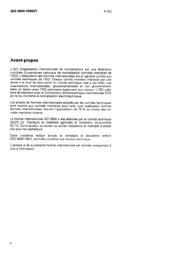 ISO 3600:1996 ISO 3600:1996 - Tracteurs, matériels agricoles et forestiers, matériel a moteur pour jardins et pelouses -- Manuels d'utilisation -- Contenu et présentation - Page 4 preview