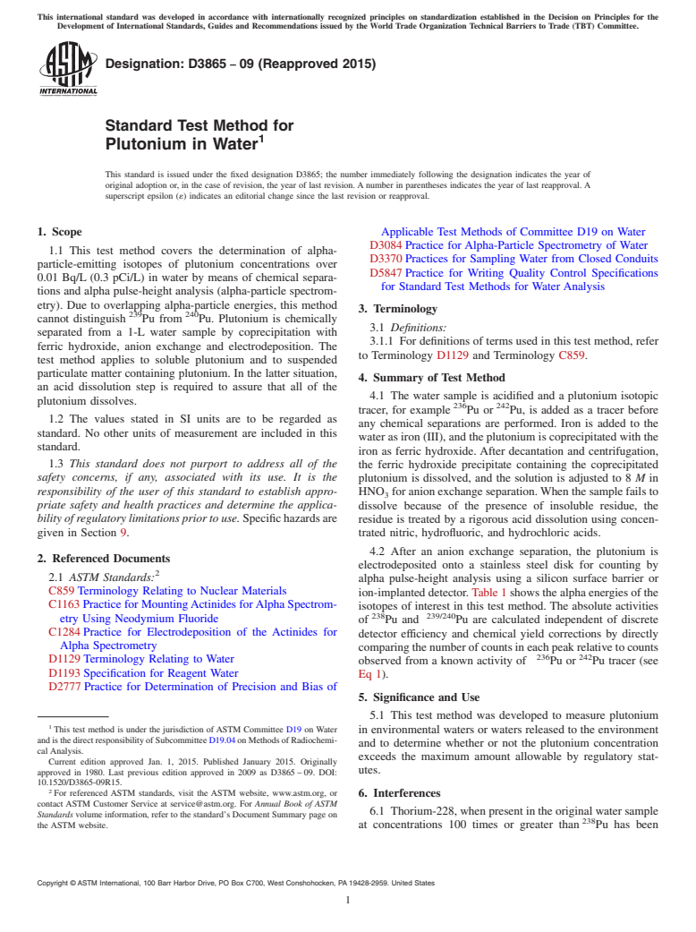 ASTM D3865-09(2015) - Standard Test Method for  Plutonium in Water