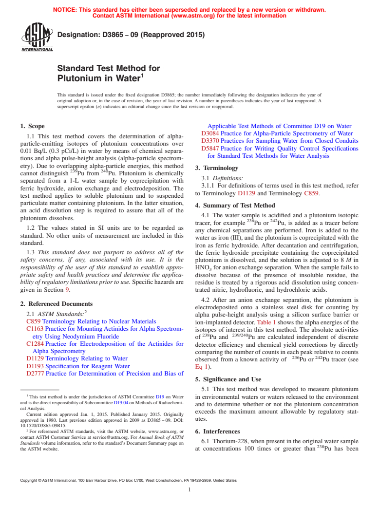 ASTM D3865-09(2015) - Standard Test Method for  Plutonium in Water (Withdrawn 2024)