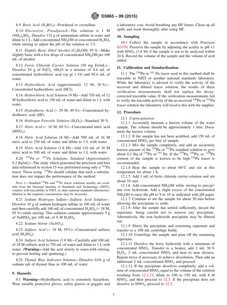 ASTM D3865-09(2015) - Standard Test Method for  Plutonium in Water (Withdrawn 2024)