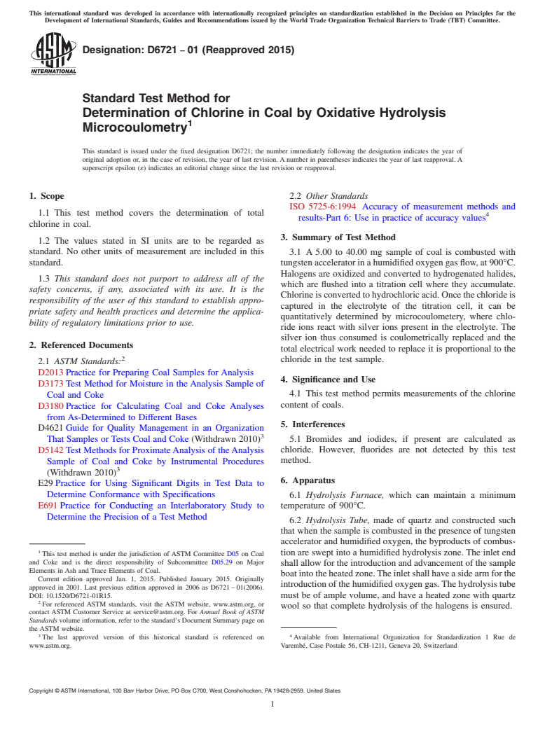 ASTM D6721-01(2015) - Standard Test Method for  Determination of Chlorine in Coal by Oxidative Hydrolysis Microcoulometry