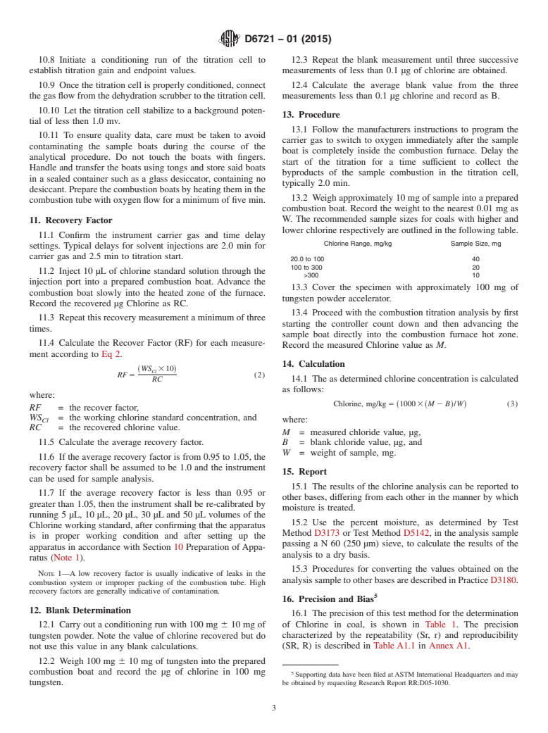 ASTM D6721-01(2015) - Standard Test Method for  Determination of Chlorine in Coal by Oxidative Hydrolysis Microcoulometry