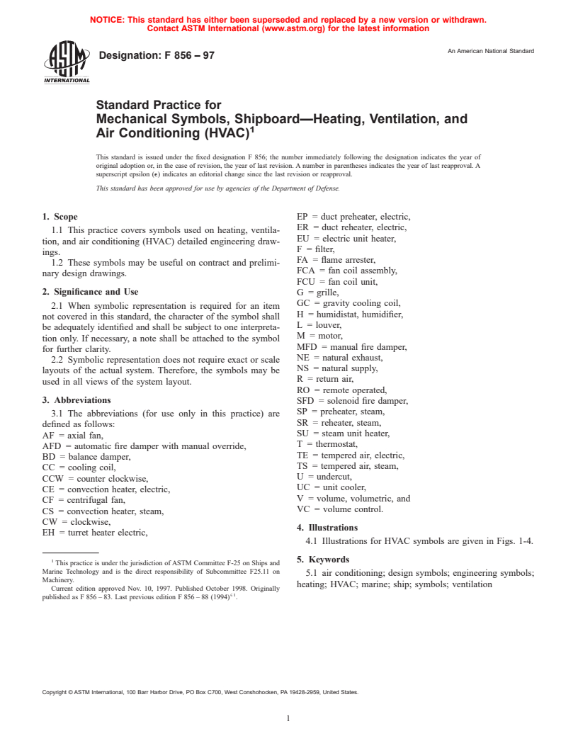 ASTM F856-97 - Standard Practice for Mechanical Symbols, Shipboard&#8212;Heating, Ventilation, and Air Conditioning (HVAC)