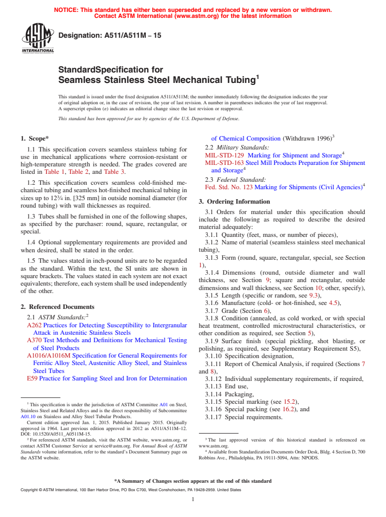 ASTM A511/A511M-15 - Standard Specification for  Seamless Stainless Steel Mechanical Tubing