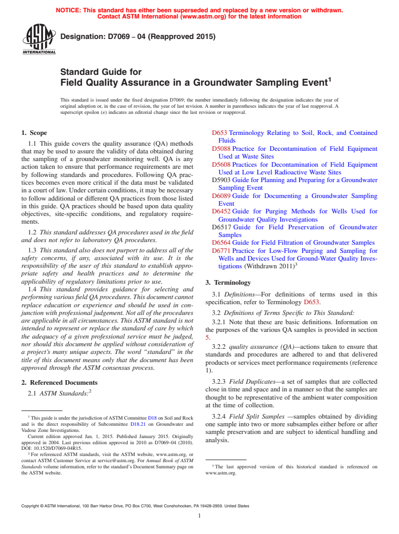 ASTM D7069-04(2015) - Standard Guide for  Field Quality Assurance in a Groundwater Sampling Event