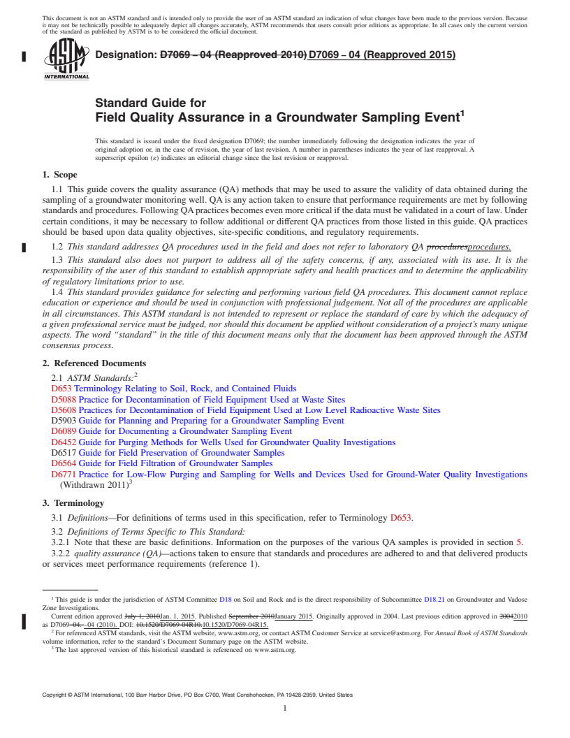 REDLINE ASTM D7069-04(2015) - Standard Guide for  Field Quality Assurance in a Groundwater Sampling Event