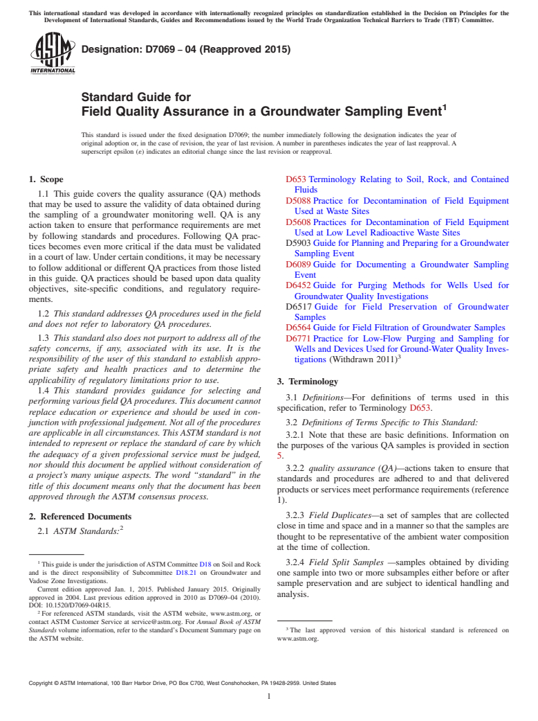 ASTM D7069-04(2015) - Standard Guide for  Field Quality Assurance in a Groundwater Sampling Event