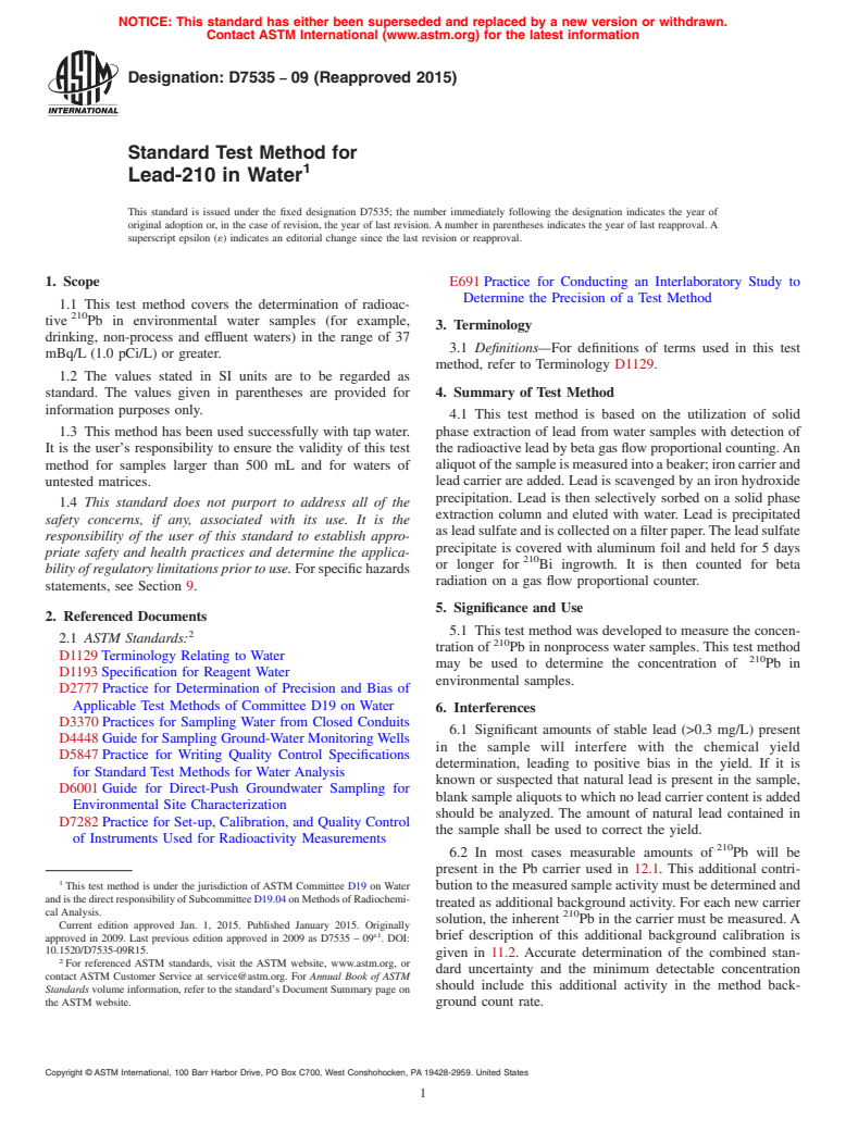 ASTM D7535-09(2015) - Standard Test Method for  Lead-210 in Water (Withdrawn 2024)