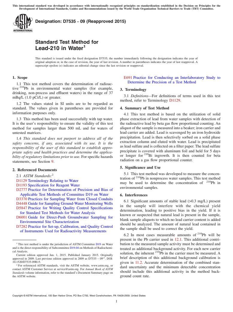 ASTM D7535-09(2015) - Standard Test Method for  Lead-210 in Water