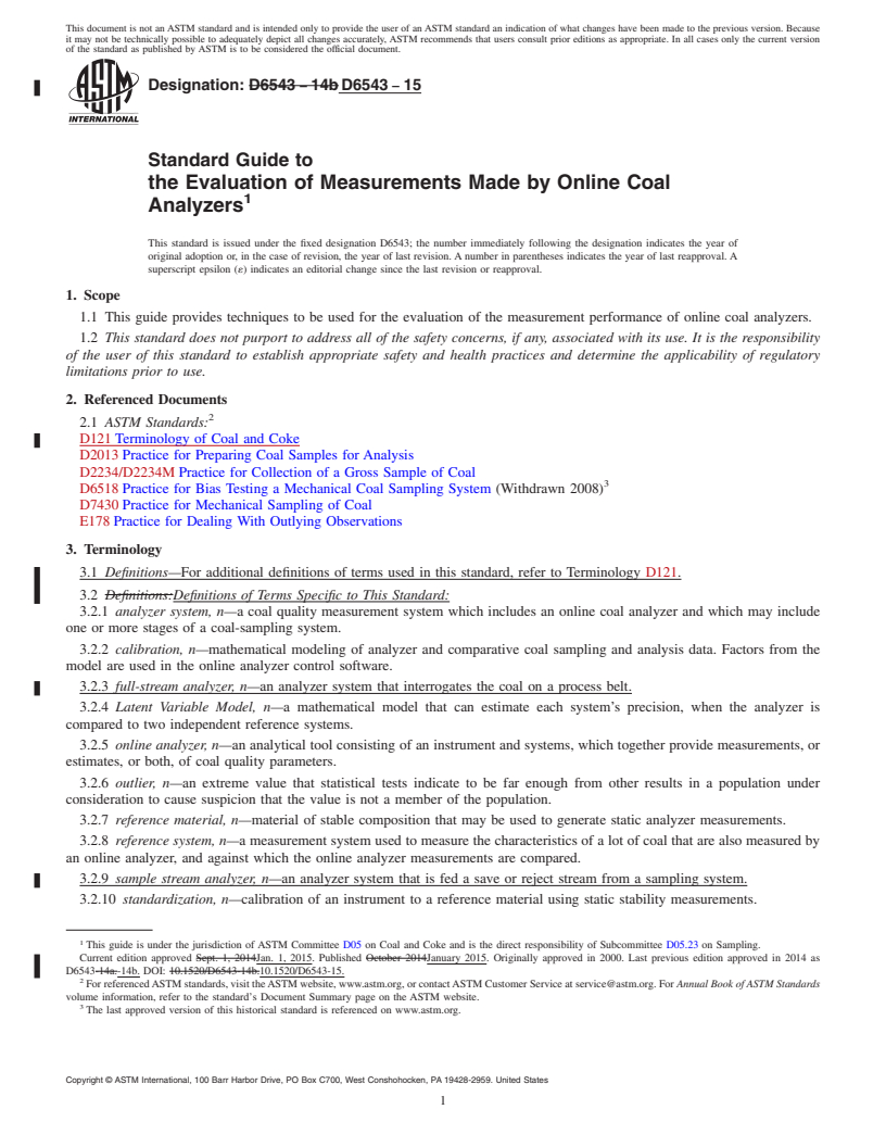 REDLINE ASTM D6543-15 - Standard Guide to  the Evaluation of Measurements Made by Online Coal Analyzers