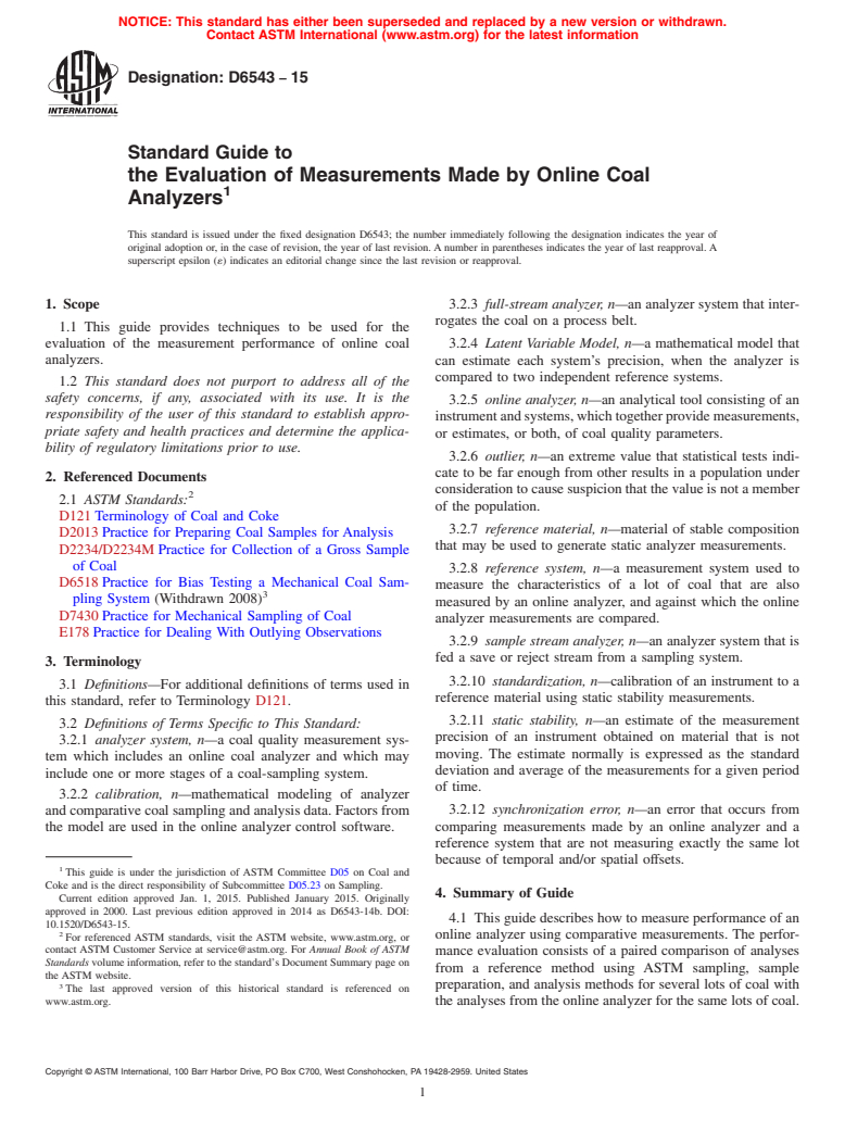 ASTM D6543-15 - Standard Guide to  the Evaluation of Measurements Made by Online Coal Analyzers