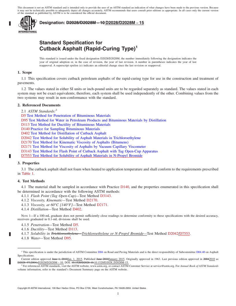 REDLINE ASTM D2028/D2028M-15 - Standard Specification for  Cutback Asphalt (Rapid-Curing Type)