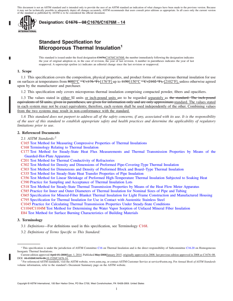 REDLINE ASTM C1676/C1676M-14 - Standard Specification for  Microporous Thermal Insulation