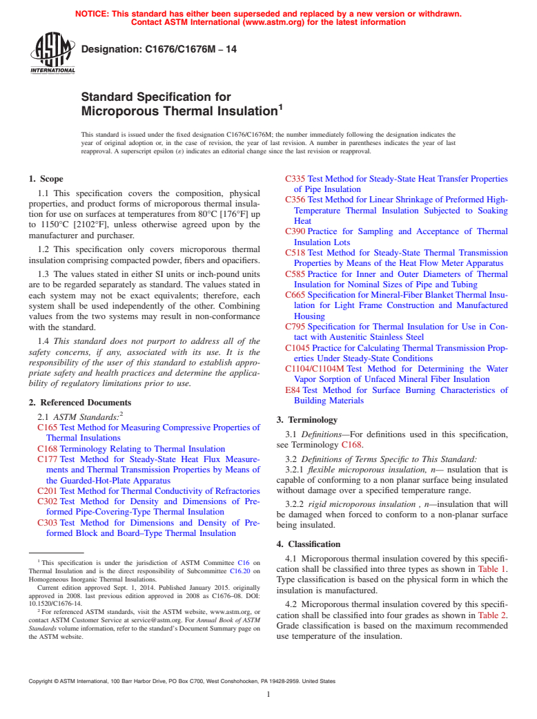 ASTM C1676/C1676M-14 - Standard Specification for  Microporous Thermal Insulation