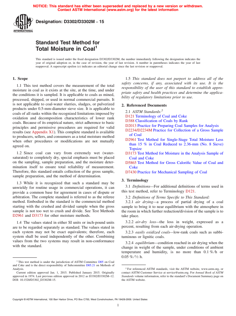 ASTM D3302/D3302M-15 - Standard Test Method for  Total Moisture in Coal