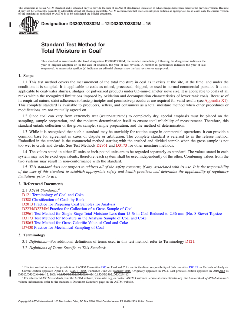 REDLINE ASTM D3302/D3302M-15 - Standard Test Method for  Total Moisture in Coal