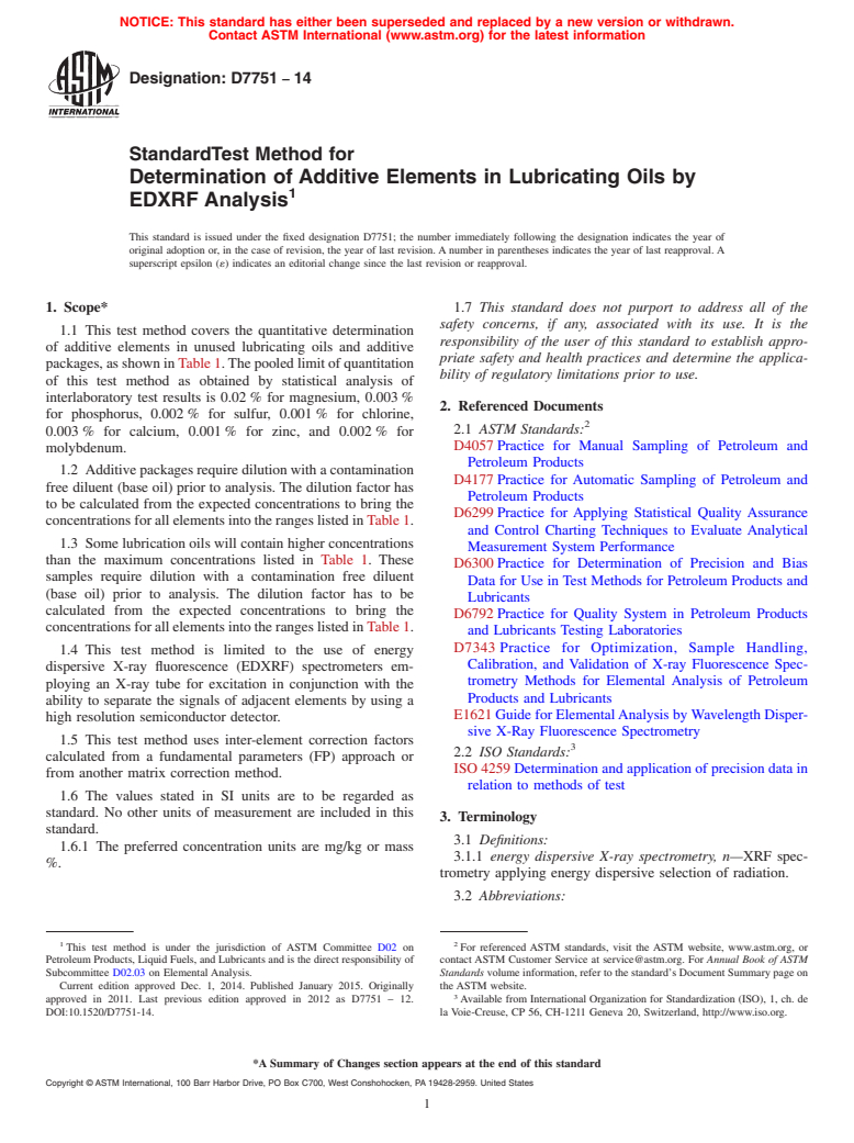 ASTM D7751-14 - Standard Test Method for Determination of Additive Elements in Lubricating Oils by EDXRF  Analysis