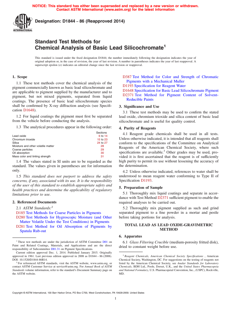 ASTM D1844-86(2014) - Standard Test Methods for Chemical Analysis of Basic Lead Silicochromate